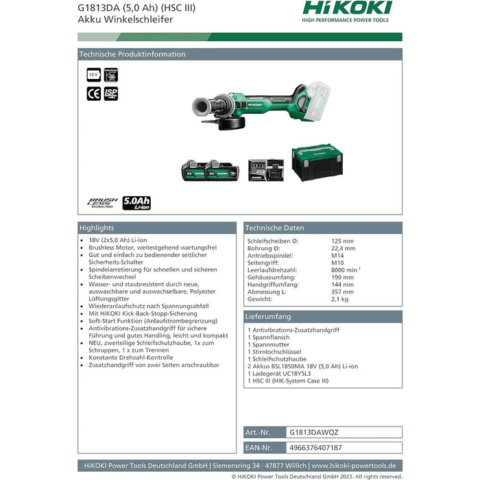 Hikoki - Smerigliatrice angolare a batteria G1813DAWQZ - Potenza e precisione