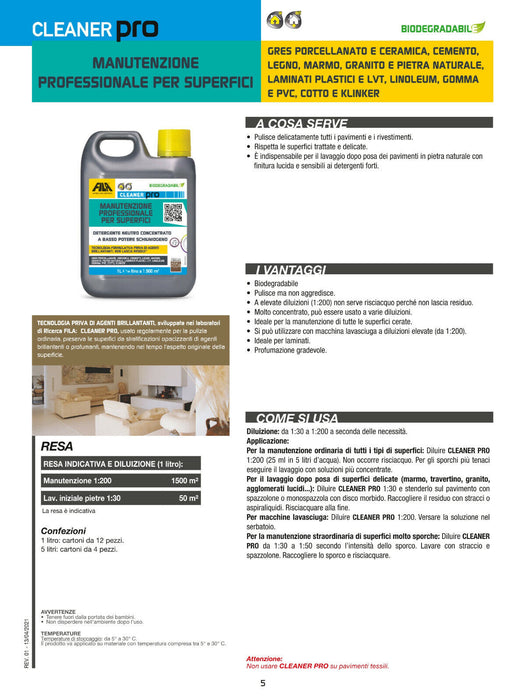 Fila - Cleaner Pro detergente per la pulizia ordinaria di gres porcellanato