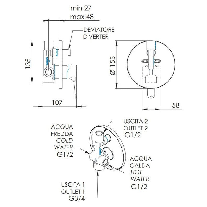 Daniel Rubinetterie - Built-in single-lever shower/bath mixer with Smart SR612CR diverter