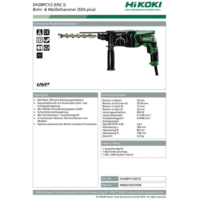 Hikoki DH28PCY2W1Z - Martello perforatore e scalpello, 850 W, 230 V - Martelli demolitori