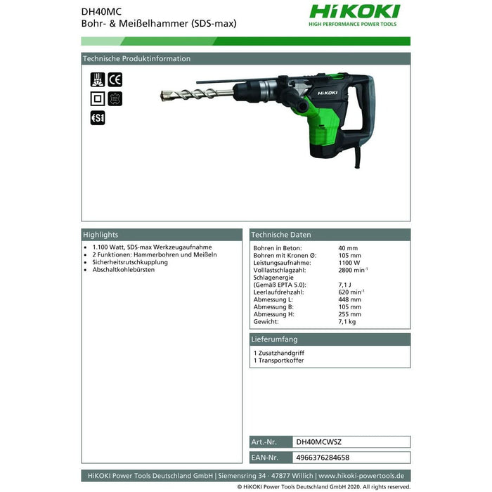 Hikoki DH40MCWSZ Martello Combinato 1.100 W 7,1 J (EPTA), 1100 W, 230 V - Martelli demolitori
