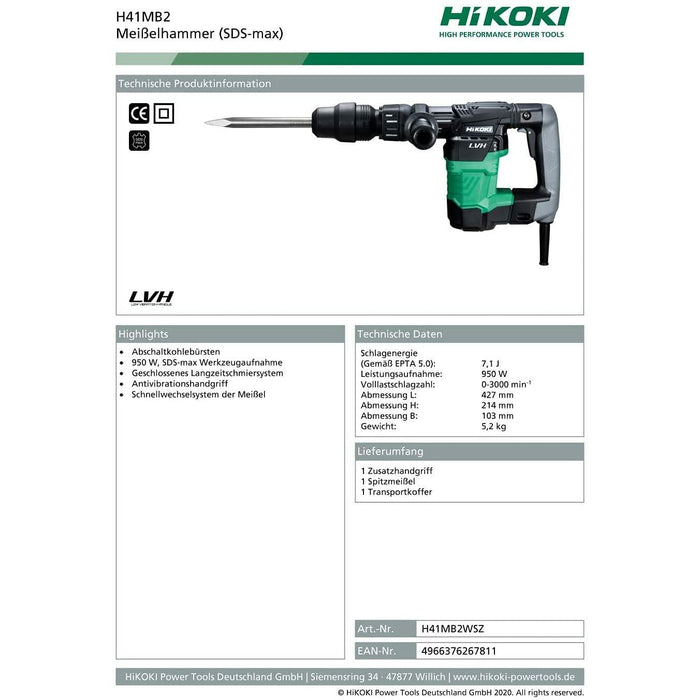 Hikoki H41MB2WSZ Martello Demolitore 950 W 7.1 J, 230 V - Martelli demolitori