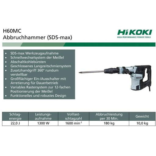 Hikoki H60MCWSZ Martello Demolitore 1.250 W 14 J (Epta), 1250 W, 230 V - Martelli demolitori