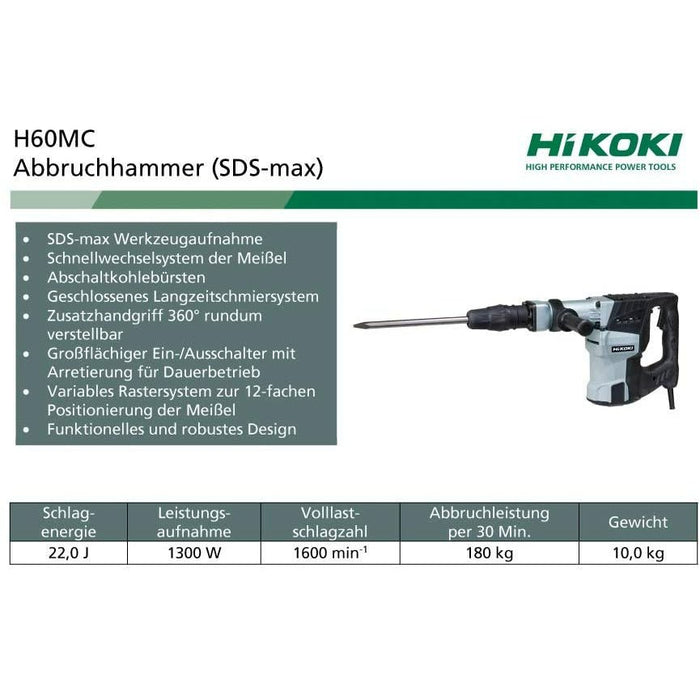 Hikoki H60MCWSZ Martello Demolitore 1.250 W 14 J (Epta), 1250 W, 230 V - Martelli demolitori