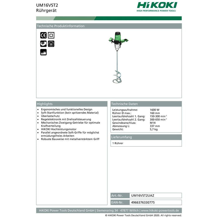 HIKOKI UM16VST2UAZ - Mezclador electrónico 1600W 150-300/300-600 rpm M14 varilla max. 160 mm UM16VST2Z - Martelli demolitori