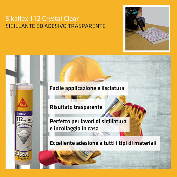 Sika - Sikaflex-112 Crystal Clear Adesivo e sigillante trasparente, multiuso con buona presa iniziale che incolla e sigilla la maggior parte dei materiali. Uso interno ed esterno, 290ml - Sigillanti