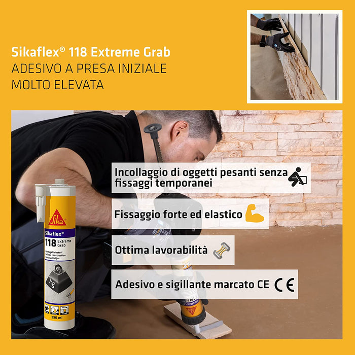 Sika - Sikaflex-118 Extreme Grab Adesivo per applicazioni che richiedono un'elevata presa iniziale, aderisce sulla maggior parte dei materiali edili. Uso in interno ed esterno, Bianco, 290ml - Sigillanti